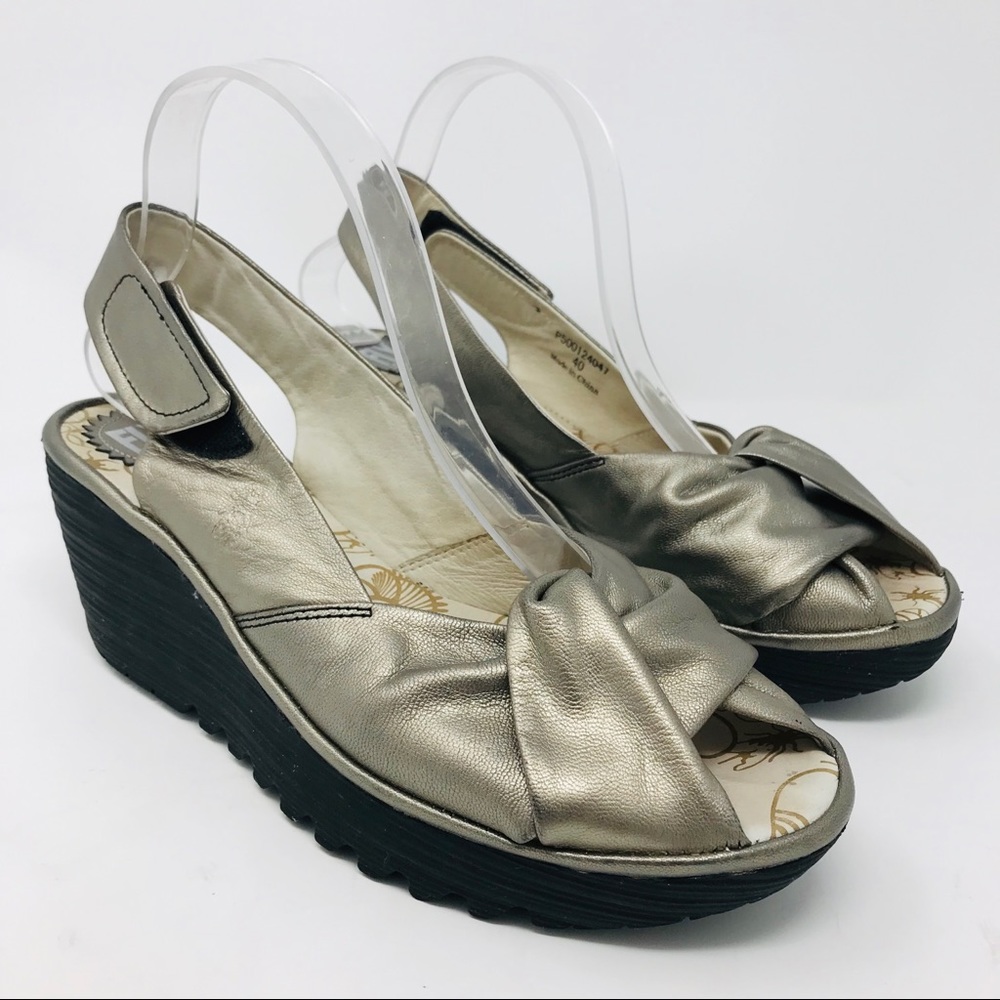 Fly London Yata Silver Metallic Wedges Sandals 40